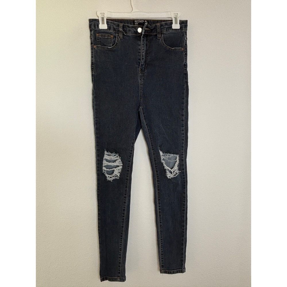 PrettyLittleThing 5 Pocket Skinny Jeans Dark Wash Distressed Ripped Knee US 6